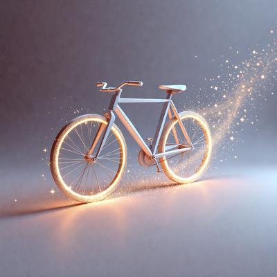 The primary subject of the image is a bicycle. The bicycle is positioned on a white background, which creates a clean and minimalist appearance. The visual style of the image is digital art, as the bicycle is depicted with a glowing effect, giving it a futuristic and unique appearance. The colors and mood of the image are predominantly white, with the glowing effect adding a touch of warmth and energy to the scene.